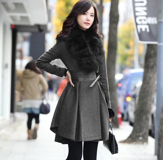 Autumn and winter elegant gray classic fur collar pleated genuine leather slim waist slim wool coat fur collar detachable