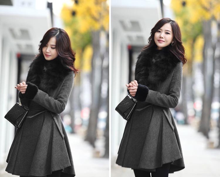 Autumn and winter elegant gray classic fur collar pleated genuine leather slim waist slim woolen women's overcoat trench