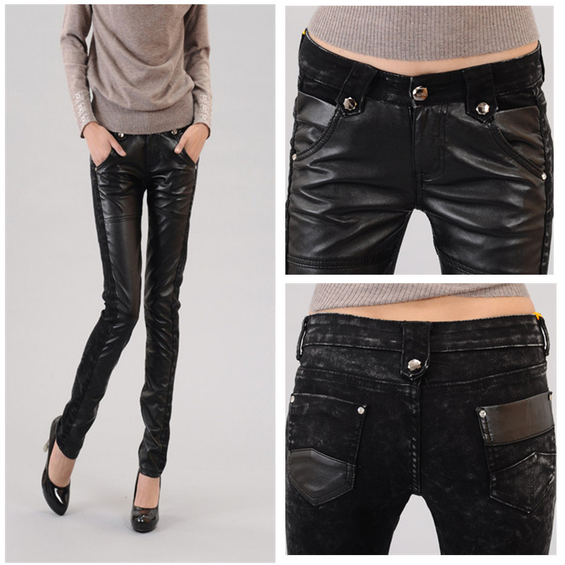 Autumn and winter fashion black legging fashion thermal patchwork leather pants female pencil PU long plus size