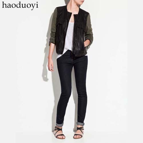 Autumn and winter fashion casual patchwork color block water washed leather PU long-sleeve leather clothing short jacket,6 size