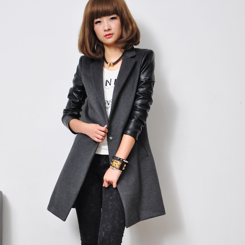 Autumn and winter fashion casual woolen outerwear patchwork leather sleeve length sheep trophonema wool coat female