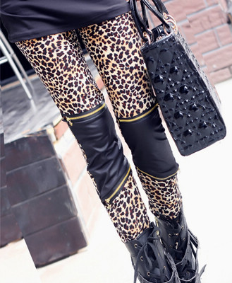 Autumn and winter fashion leopard print savager patchwork leather zipper personalized all-match legging