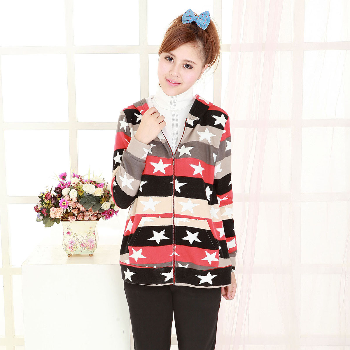 Autumn and winter fashion maternity clothing top five-pointed star plus velvet thickening cardigan sweatshirt maternity