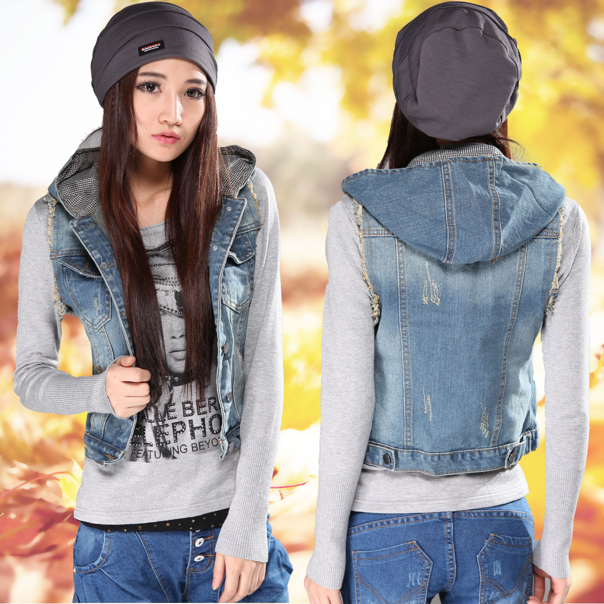 Autumn and winter fashionable denim vest women's with a hood outerwear vintage denim vest