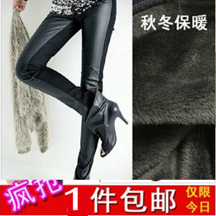 Autumn and winter faux leather after cotton patchwork legging female tight plus velvet thick thermal 9 long trousers plus size