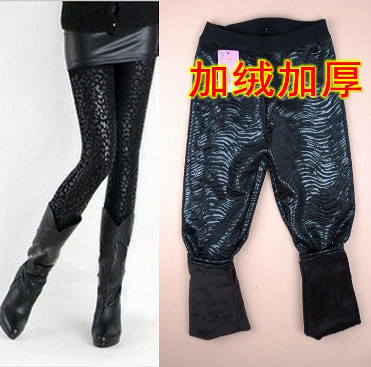 Autumn and winter faux leather pants doodle thermal legging zebra print leopard print plus velvet thickening ankle length