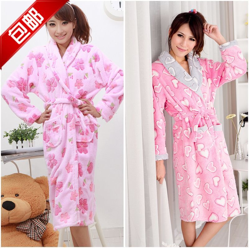 Autumn and winter female coral fleece robe bathrobes heart sleepwear thickening set lounge