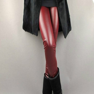 Autumn and winter female legging Wine red faux leather mink double layer velvet thickening thermal red leather pants plus size