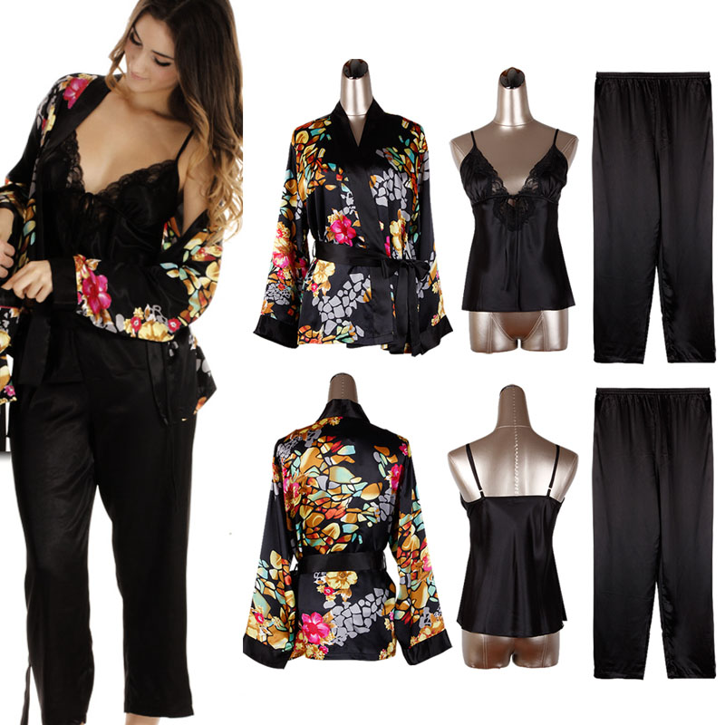 Autumn and winter female long-sleeve silk sleepwear piece set sexy spaghetti strap lace temptation black set lounge