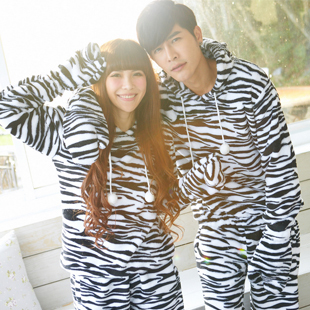 Autumn and winter female lovers coral fleece sleepwear zebra print long-sleeve thickening sleepwear lounge with a hood glove