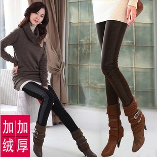 Autumn and winter female plus size slim legging boot cut jeans thickening plus velvet patchwork leather pants pencil pants