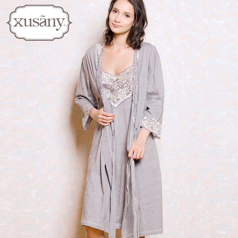 Autumn and winter female sleepwear 100% cotton long-sleeve lace spaghetti strap decoration robe spring and summer lounge twinset