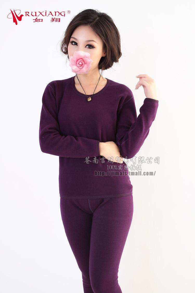 Autumn and winter female solid color cashmere goatswool plus velvet thickening thermal underwear cotton sweater lovers set