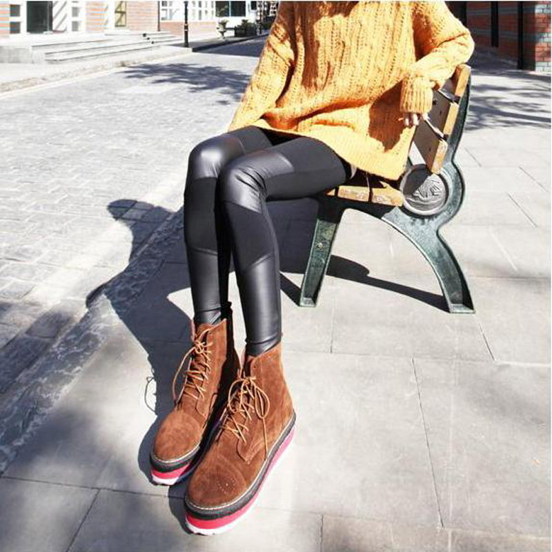 Autumn and winter female symmetrical legging faux leather elastic slim plus velvet casual warm pants boot cut jeans