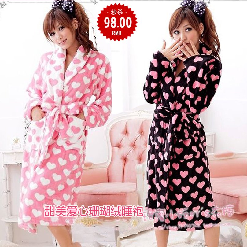 Autumn and winter female thickening thermal coral fleece love shaped robe lounge sleepwear bathrobes