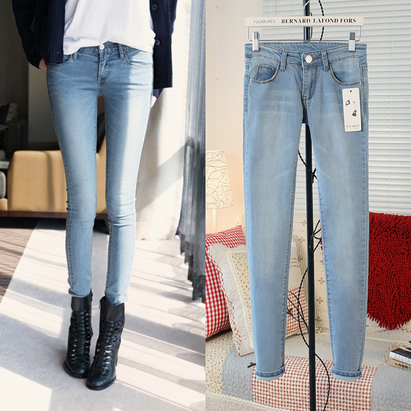 Autumn and winter female trousers vintage skinny pants pencil pants light blue tight-fitting jeans 1256