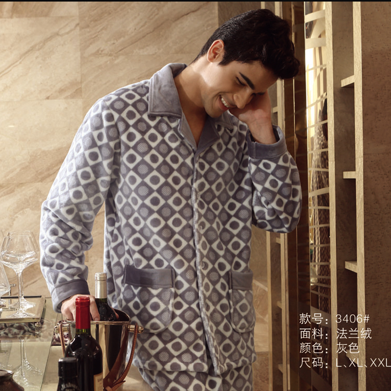 Autumn and winter flannel coral fleece sleepwear male long-sleeve thickening at home service lounge set