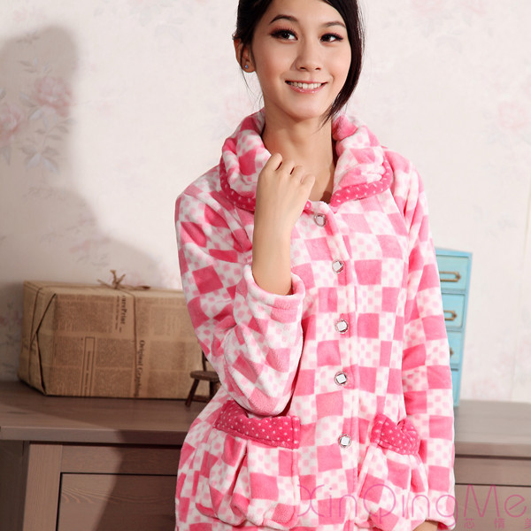 Autumn and winter flannel coral fleece sleepwear plaid dot thickening women's long-sleeve set lounge