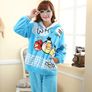 Autumn and winter flannel sleepwear at home thermal cartoon thickening female coral fleece lounge set