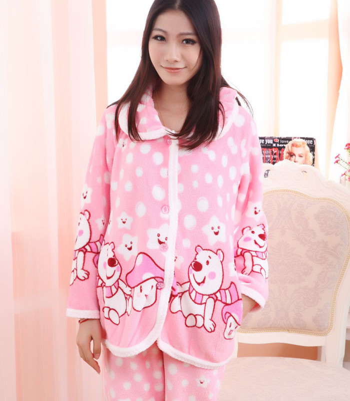 Autumn and winter flannel Women thickening coral fleece sleepwear long-sleeve women's plus size set lounge