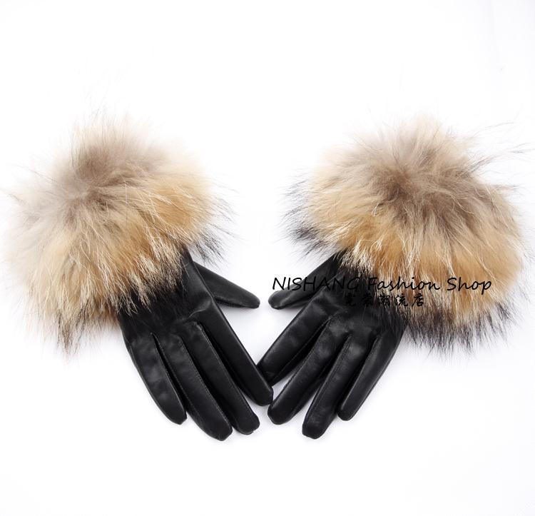 Autumn and winter fur gloves raccoon fur gloves women's flock printing plus velvet genuine leather gloves suede sheepskin gloves