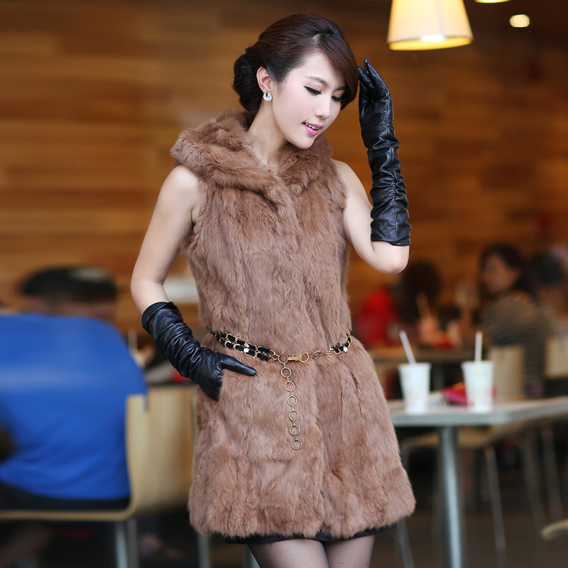 autumn and winter  Fur  vest hooded female rabbit fur medium-long fur vest