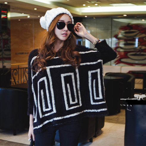 Autumn and winter geometric graphic patterns thermal loose plus size wool knitted sweater double layer casual sweater