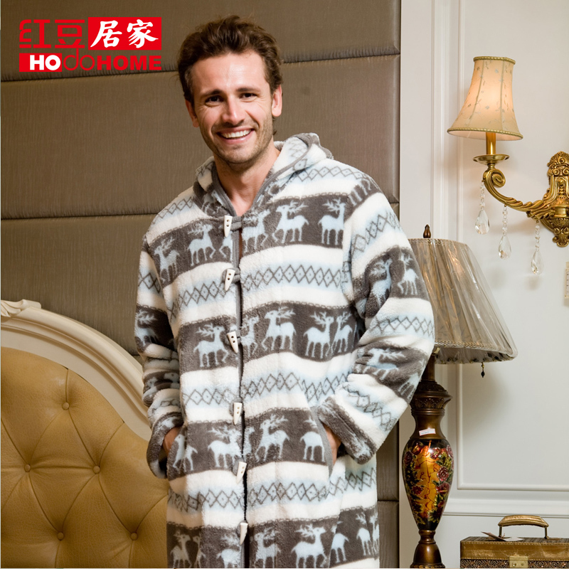 Autumn and winter globalsources at home service coral fleece bathrobe print lounge lovers design with a hood robe