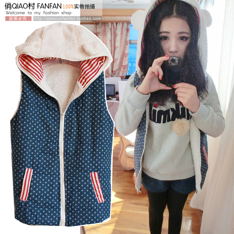 Autumn and winter heavly cat ears berber fleece domesticated hen with a hood water wash denim vest cotton-padded coat vest