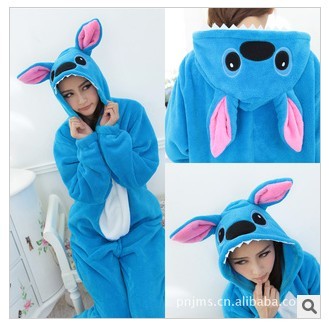 Autumn and winter hot-selling cartoon stitch winter coral fleece one piece sleepwear blue