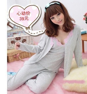 Autumn and winter hot-selling women's knitted cotton piece set lace sexy sleepwear at home service