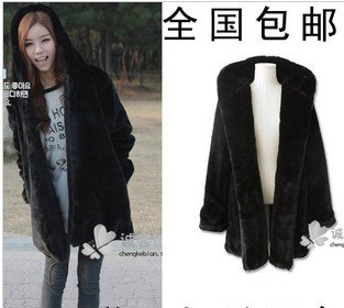 autumn and winter korea style black Faux fur jacket , medium-long with hood outerwear, women jacket