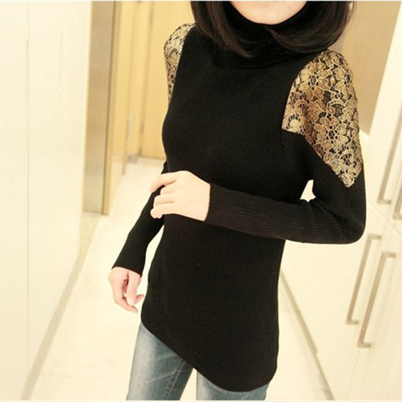 Autumn and winter lace turtleneck sweater print long design slim basic sweater female