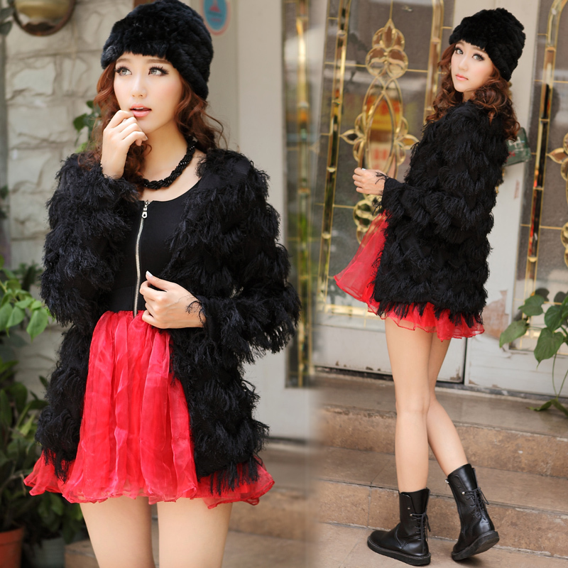 Autumn and winter ladies gentlewomen fur outerwear feather lace cardigan 210