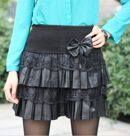 Autumn and winter leather skirt PU skirt layered dress bust skirt lace skirt plus size short skirt winter dress