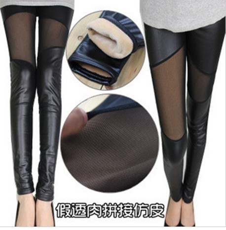 Autumn and winter legging faux leather gauze patchwork double layer meat beaver velvet thickening thermal female