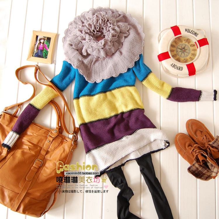 Autumn and winter long design multicolour loose style stripe sweater ,Free shipping