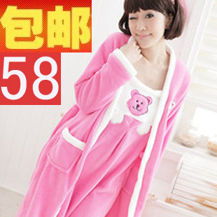 Autumn and winter long-sleeve female bear thickening coral fleece sleepwear twinset nightgown robe