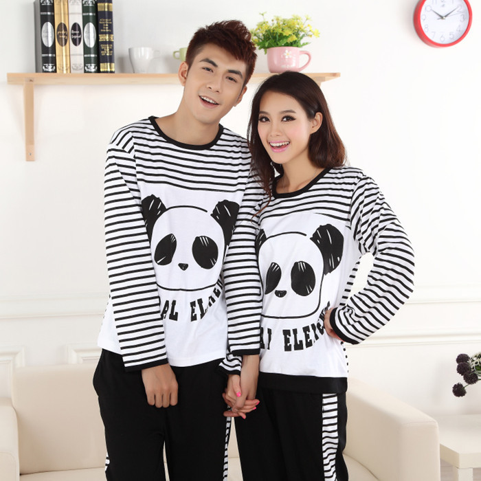 Autumn and winter long-sleeve female lovers stripe lounge male 100% cotton plus size short-sleeve set sleepwear female