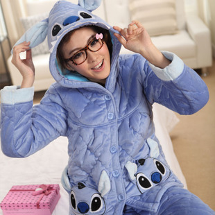 Autumn and winter long-sleeve thickening coral fleece clip cotton-padded jacket thermal sleepwear female set cartoon stitch