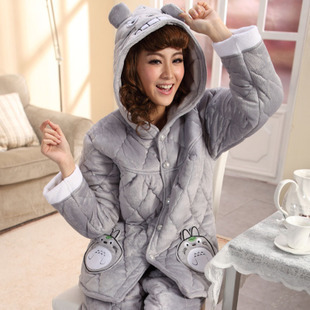 Autumn and winter long-sleeve thickening coral fleece cotton-padded thermal sleepwear female set cartoon totoro cotton-padded