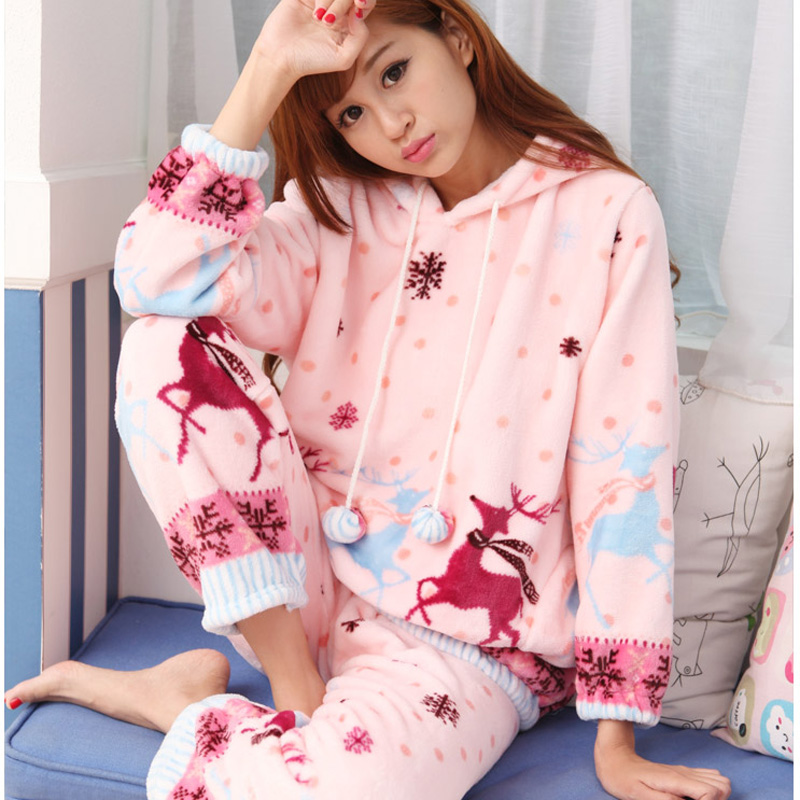 Autumn and winter long-sleeve with a hood thickening sleepwear flannel Women cartoon coral fleece lounge set