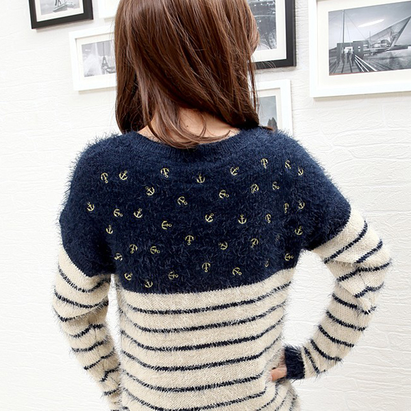 Autumn and winter loose pullover long-sleeve stripe color block sweater sweet women's basic sweater thick