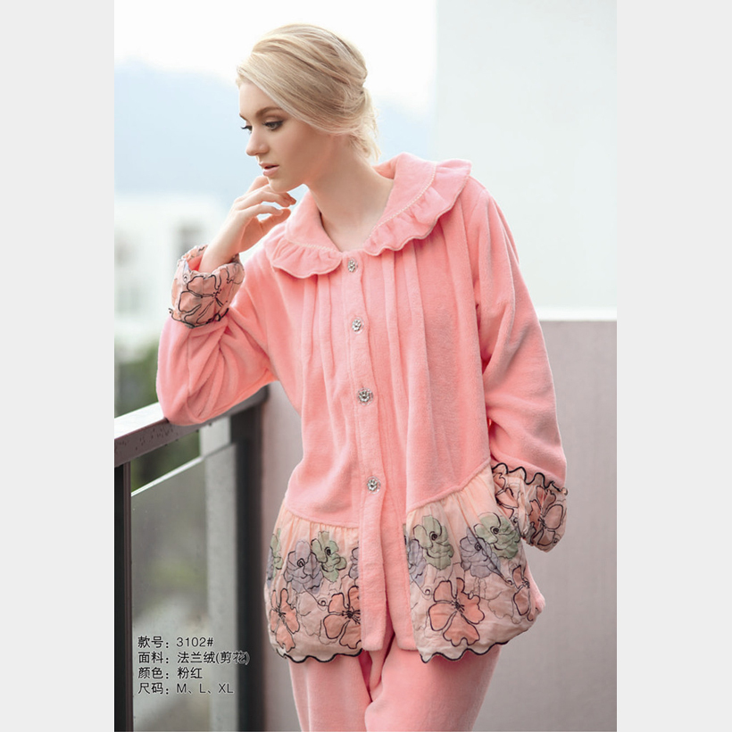 Autumn and winter lounge flannel thickening coral fleece sleepwear women's long-sleeve set at home service