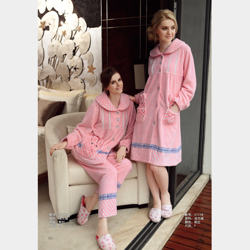 Autumn and winter lounge flannel thickening coral fleece sleepwear women's long-sleeve set at home service