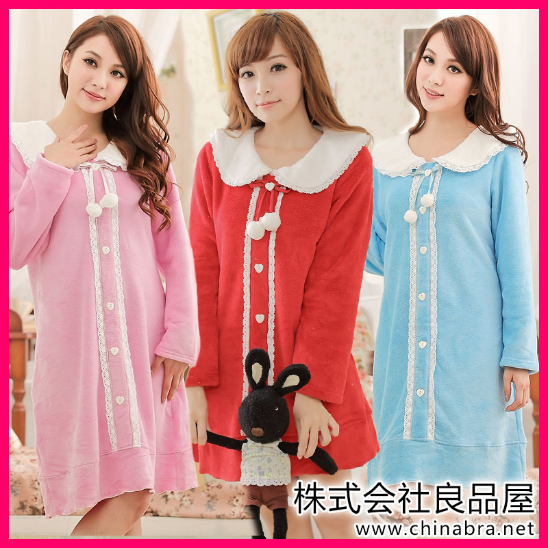 Autumn and winter lounge pink nightgown coral fleece lace women's robe bathrobes sleepwear