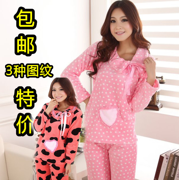 Autumn and winter love princess dot women's thickening coral fleece sleep set lounge