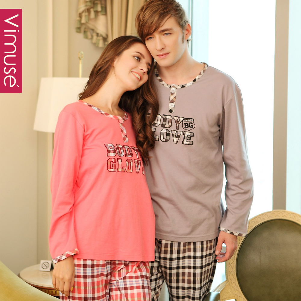 Autumn and winter lovers 100% cotton long-sleeve sleepwear spring and autumn lovers design at home service twinset