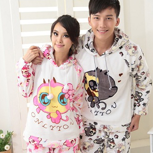 Autumn and winter lovers sleepwear cartoon long-sleeve thickening coral fleece sleepwear with a hood set lounge