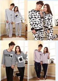 Autumn and winter lovers sleepwear thickening lounge fashion stripe male women's 100% cotton long-sleeve sleepwear